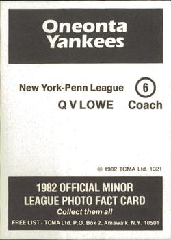 1982 TCMA Oneonta Yankees #6 Q.V. Lowe Back