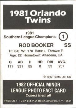 1982 TCMA Orlando Twins 81 SL Champs #1 Rod Booker Back