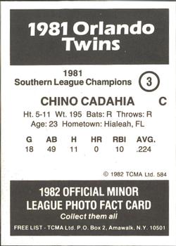 1982 TCMA Orlando Twins 81 SL Champs #3 Chino Cadahia Back