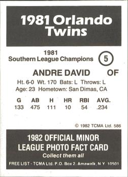 1982 TCMA Orlando Twins 81 SL Champs #5 Andre David Back