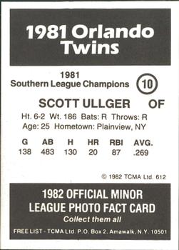 1982 TCMA Orlando Twins 81 SL Champs #10 Scott Ullger Back