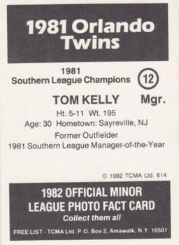 1982 TCMA Orlando Twins 81 SL Champs #12 Tom Kelly Back