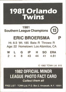 1982 TCMA Orlando Twins 81 SL Champs #13 Eric Broersma Back