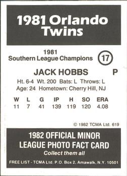 1982 TCMA Orlando Twins 81 SL Champs #17 Jack Hobbs Back