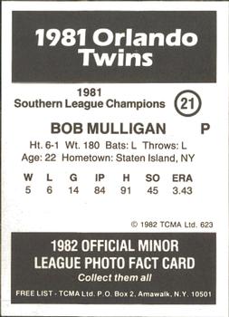 1982 TCMA Orlando Twins 81 SL Champs #21 Bob Mulligan Back