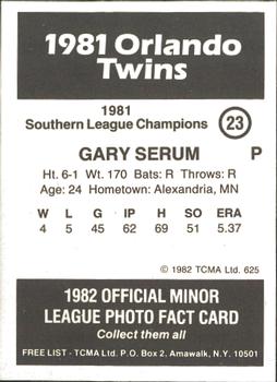 1982 TCMA Orlando Twins 81 SL Champs #23 Gary Serum Back