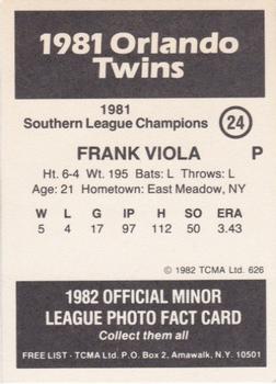 1982 TCMA Orlando Twins 81 SL Champs #24 Frank Viola Back