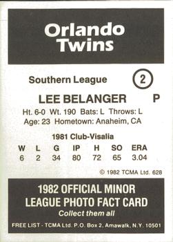 1982 TCMA Orlando Twins #2 Lee Belanger Back