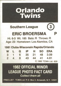 1982 TCMA Orlando Twins #3 Eric Broersma Back