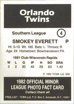 1982 TCMA Orlando Twins #4 Smokey Everett Back