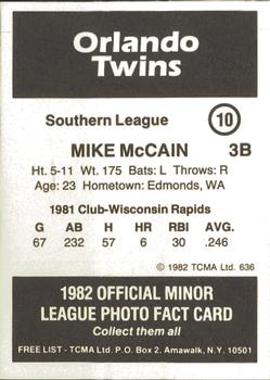 1982 TCMA Orlando Twins #10 Mike McCain Back