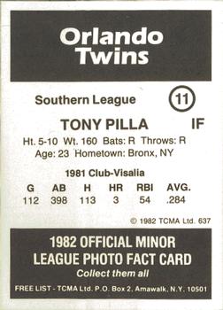 1982 TCMA Orlando Twins #11 Tony Pilla Back