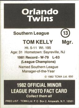 1982 TCMA Orlando Twins #13 Tom Kelly Back