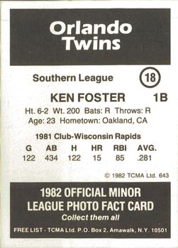 1982 TCMA Orlando Twins #18 Ken Foster Back
