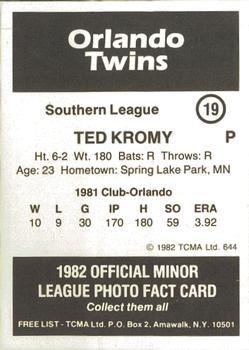 1982 TCMA Orlando Twins #19 Ted Kromy Back