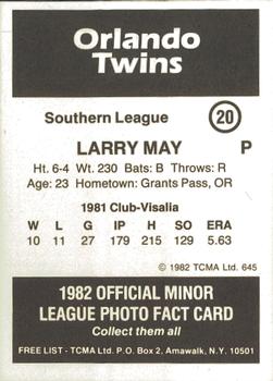 1982 TCMA Orlando Twins #20 Larry May Back