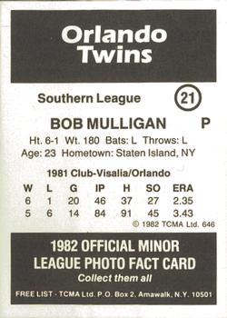1982 TCMA Orlando Twins #21 Bob Mulligan Back