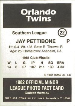 1982 TCMA Orlando Twins #22 Jay Pettibone Back