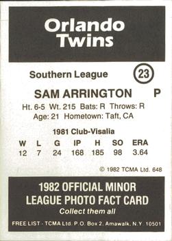 1982 TCMA Orlando Twins #23 Sam Arrington Back