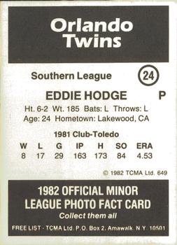 1982 TCMA Orlando Twins #24 Eddie Hodge Back