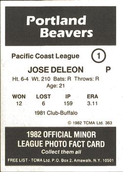 1982 TCMA Portland Beavers #1 Jose DeLeon Back