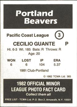 1982 TCMA Portland Beavers #3 Cecilio Guante Back