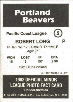 1982 TCMA Portland Beavers #5 Robert Long Back
