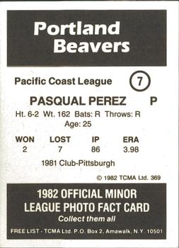1982 TCMA Portland Beavers #7 Pascual Perez Back
