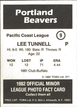 1982 TCMA Portland Beavers #9 Lee Tunnell Back