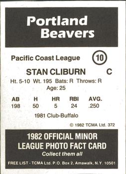 1982 TCMA Portland Beavers #10 Stan Cliburn Back
