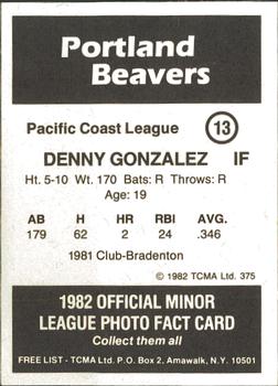 1982 TCMA Portland Beavers #13 Denny Gonzalez Back
