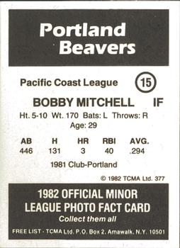 1982 TCMA Portland Beavers #15 Bobby Mitchell Back
