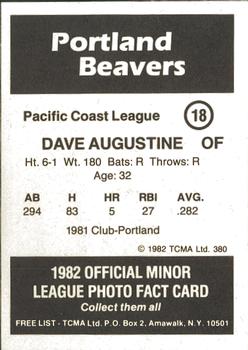 1982 TCMA Portland Beavers #18 Dave Augustine Back