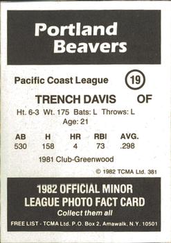 1982 TCMA Portland Beavers #19 Trench Davis Back