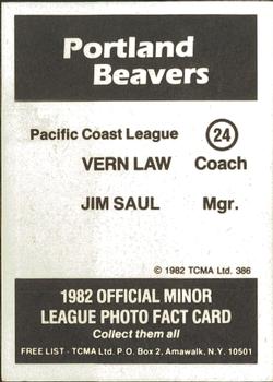 1982 TCMA Portland Beavers #24 Vern Law / Jim Saul Back