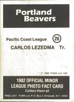 1982 TCMA Portland Beavers #26 Carlos Ledezma Back