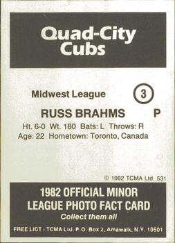 1982 TCMA Quad City Cubs #3 Russ Brahms Back