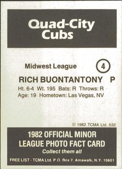 1982 TCMA Quad City Cubs #4 Rich Buonantony Back
