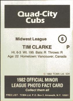 1982 TCMA Quad City Cubs #6 Tim Clarke Back