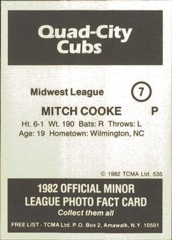 1982 TCMA Quad City Cubs #7 Mitch Cook Back