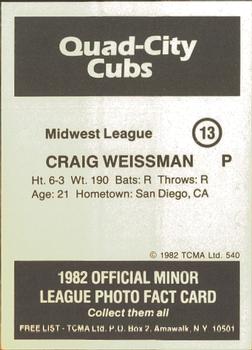 1982 TCMA Quad City Cubs #13 Craig Weissmann Back