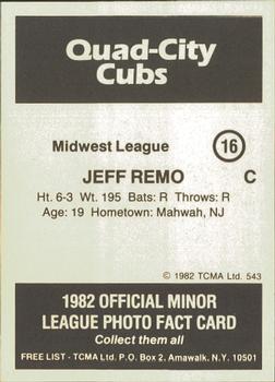 1982 TCMA Quad City Cubs #16 Jeff Remo Back