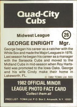 1982 TCMA Quad City Cubs #26 George Enright Back