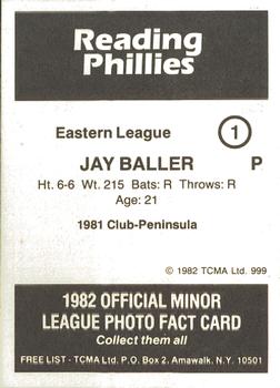 1982 TCMA Reading Phillies #1 Jay Baller Back