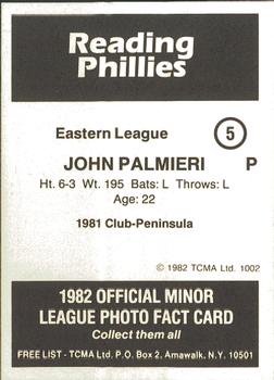 1982 TCMA Reading Phillies #5 John Palmieri Back
