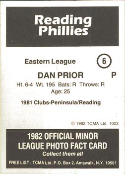 1982 TCMA Reading Phillies #6 Dan Prior Back