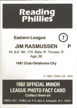 1982 TCMA Reading Phillies #7 Jim Rasmussen Back