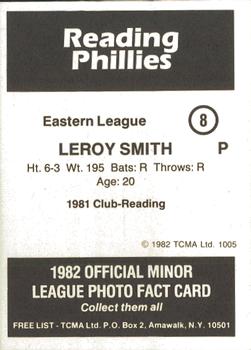 1982 TCMA Reading Phillies #8 Leroy Smith Back
