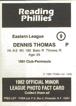 1982 TCMA Reading Phillies #9 Dennis Thomas Back