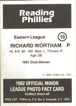 1982 TCMA Reading Phillies #10 Richard Wortham Back